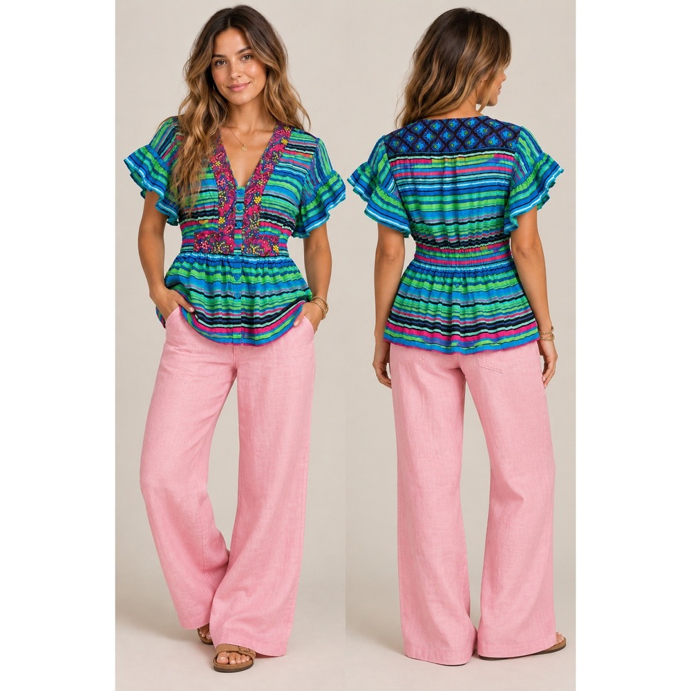 Nanette Lepore Top Womens 0 Multicolor Silk Beaded Ruffle Sleeve Blouse